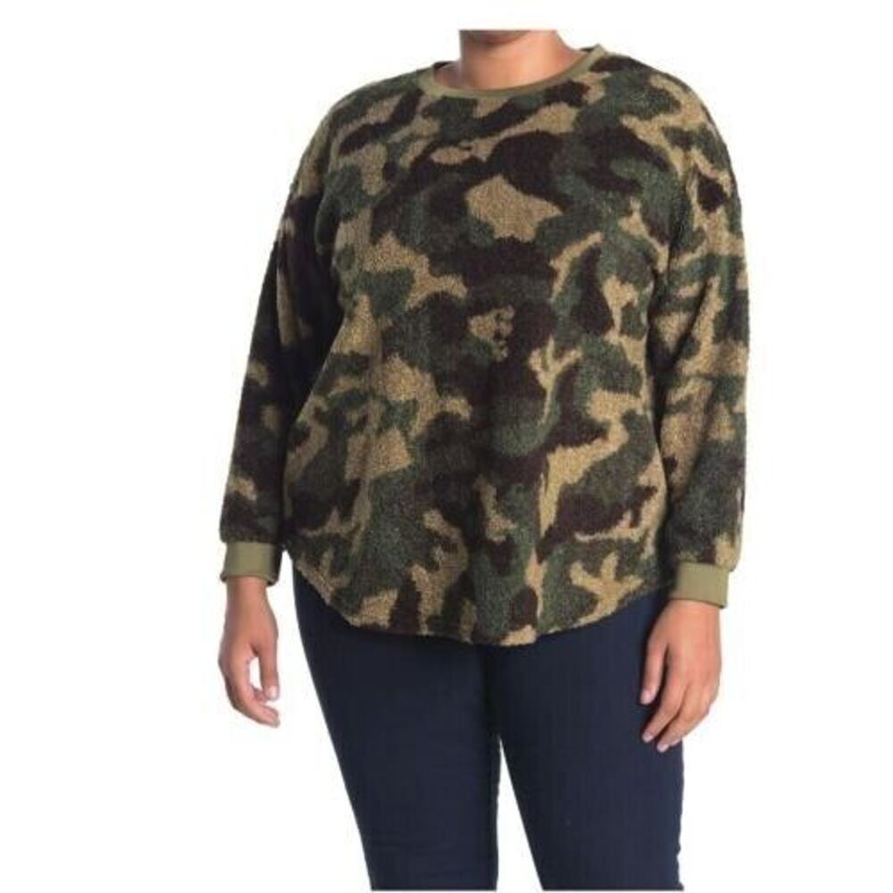 RXB Women's‎ Fuzzy Camo Crew Neck Boucle Knit Sweater Green Camo Large MSRP $78